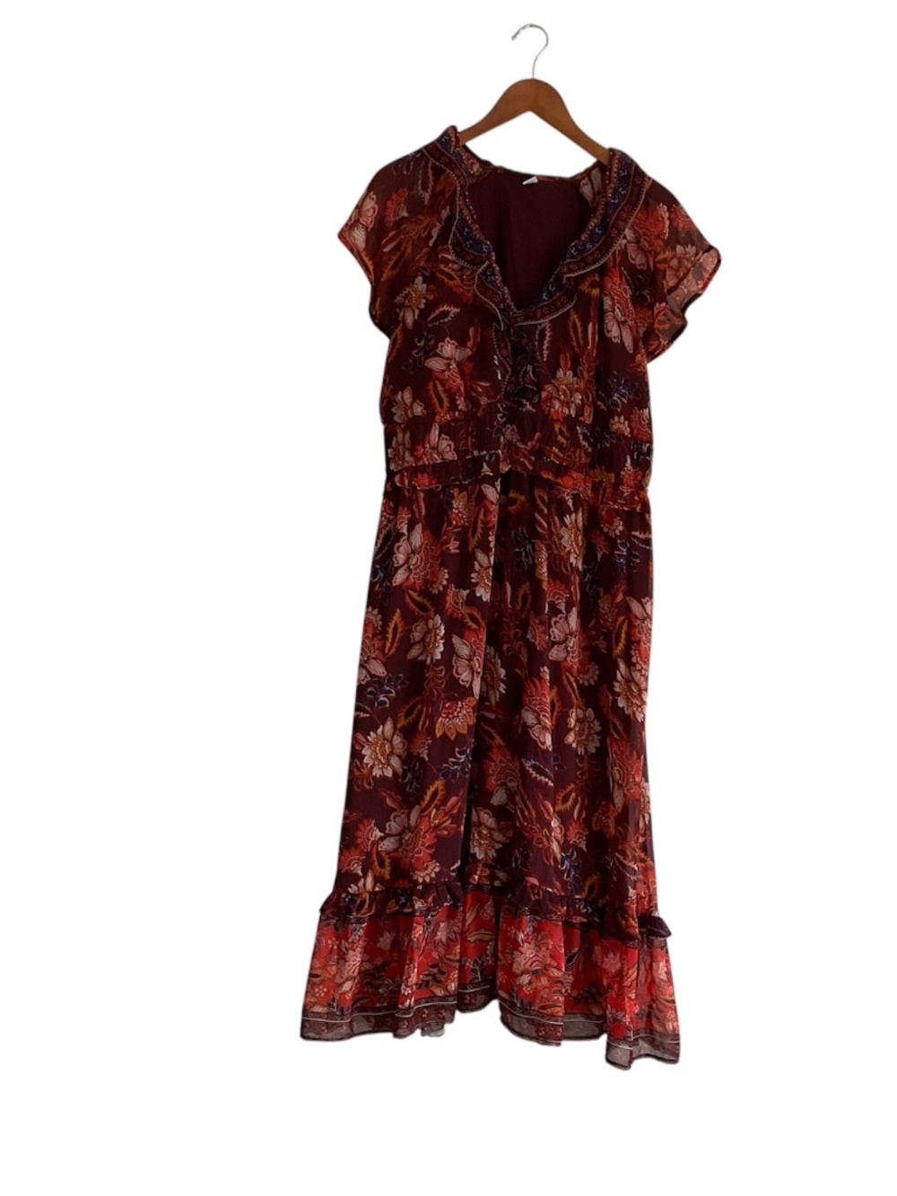 Old Navy Floral Maxi Dress XL Burgundy Chiffon Boho Whimsigoth Romantic Garden - Picture 2 of 10